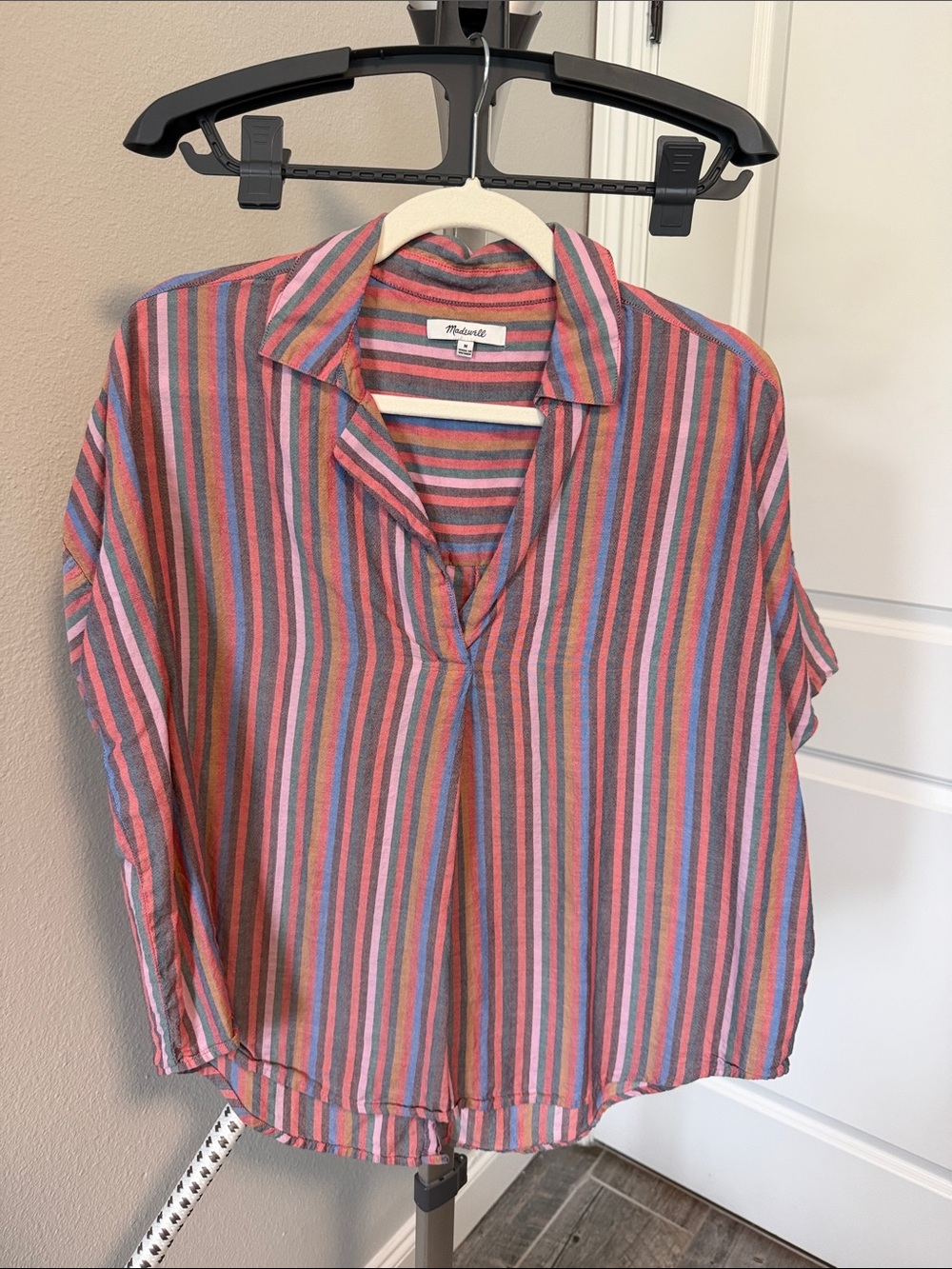 Madewell Multistripe Collared V-Neck Blouse — Pink, Blue, Red, Green
